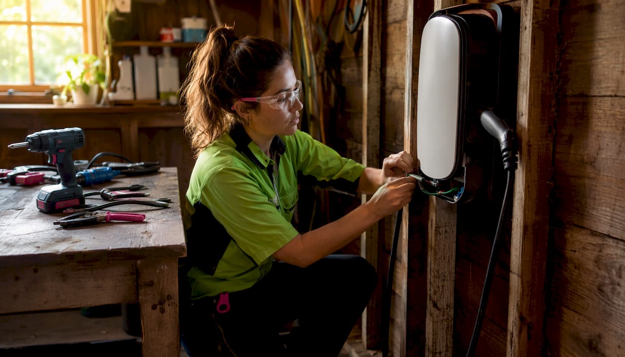 Electrician wiring EV charger installation indoors