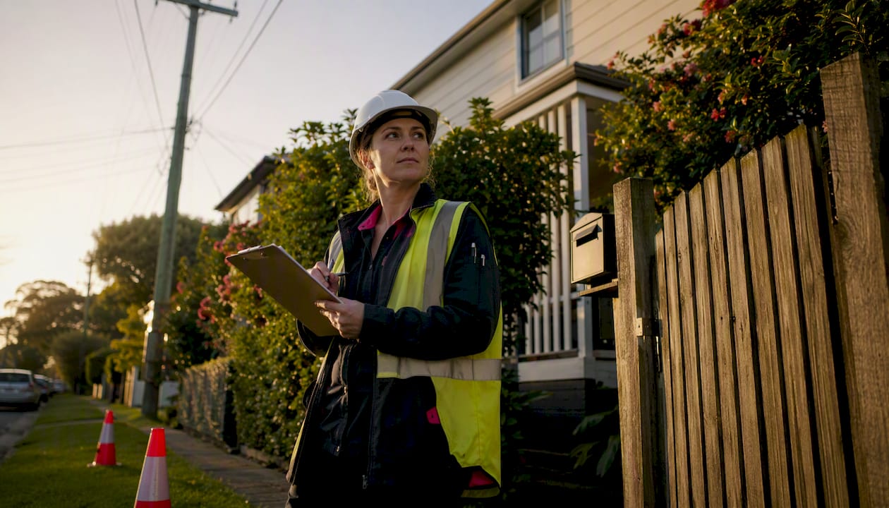 Female electrician performing site inspection outdoors