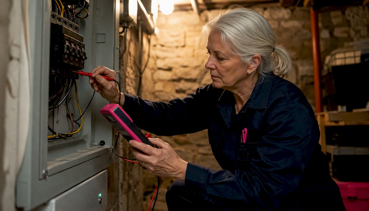 Electrician testing home switchboard with multimeter