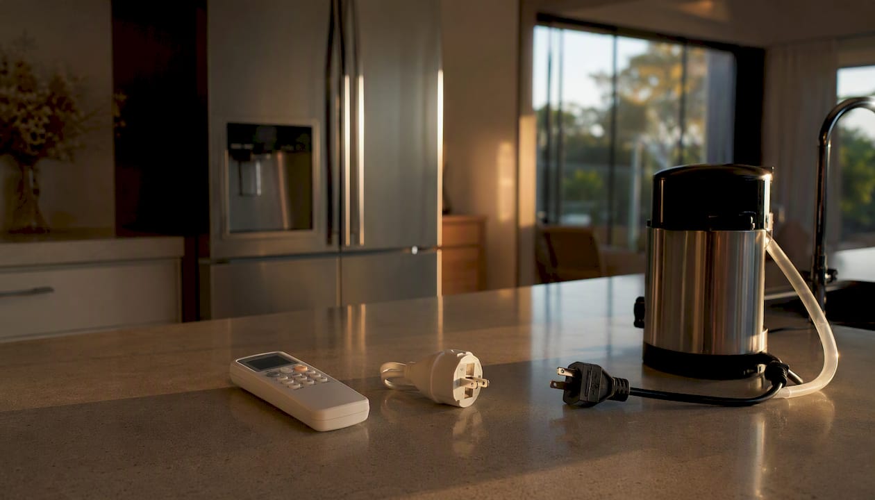 Unplugged appliances and voltage stabilizer on counter