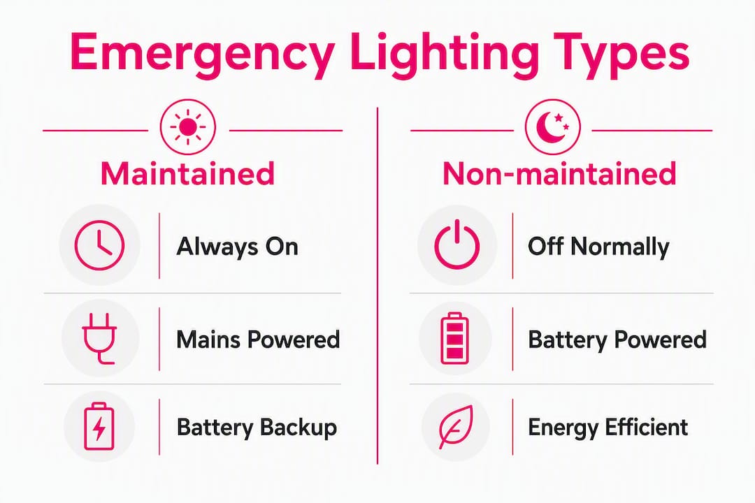 Infographic comparing maintained and non-maintained emergency lighting