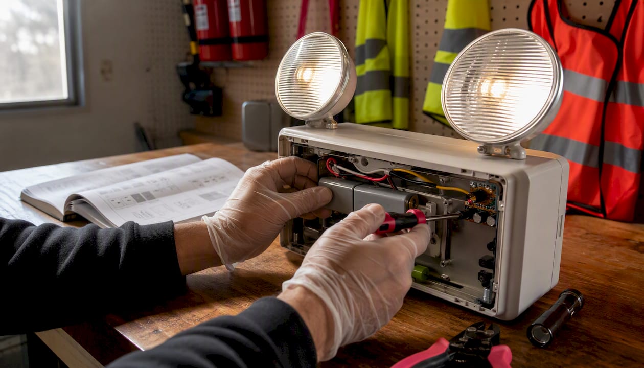 Hands inspecting maintained emergency light battery compartment