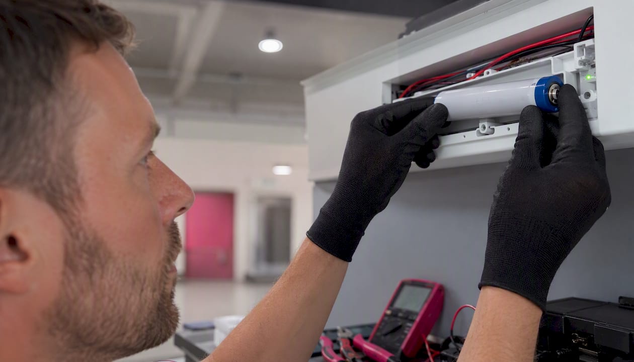 Electrician replacing LED emergency light battery