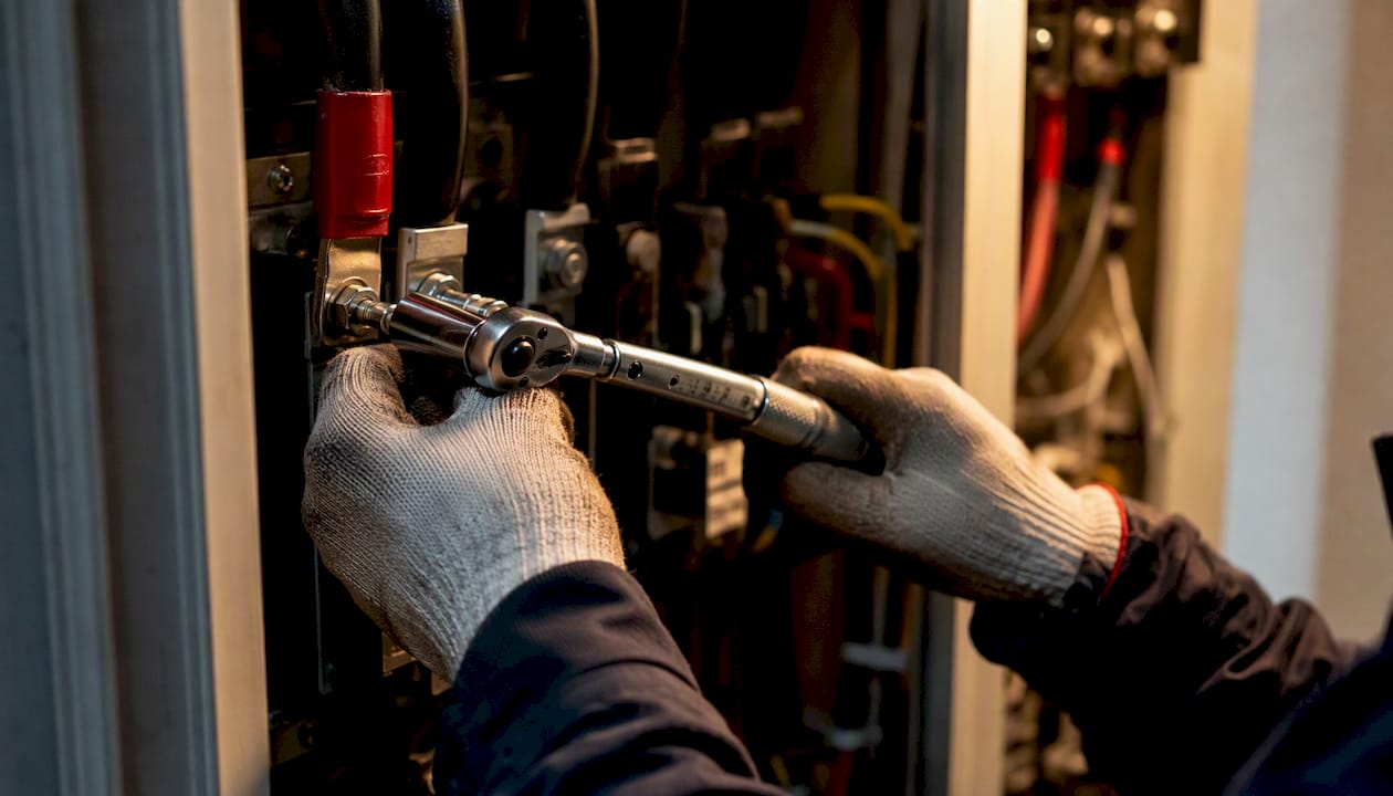 Electrician tightening electrical bolt with torque wrench
