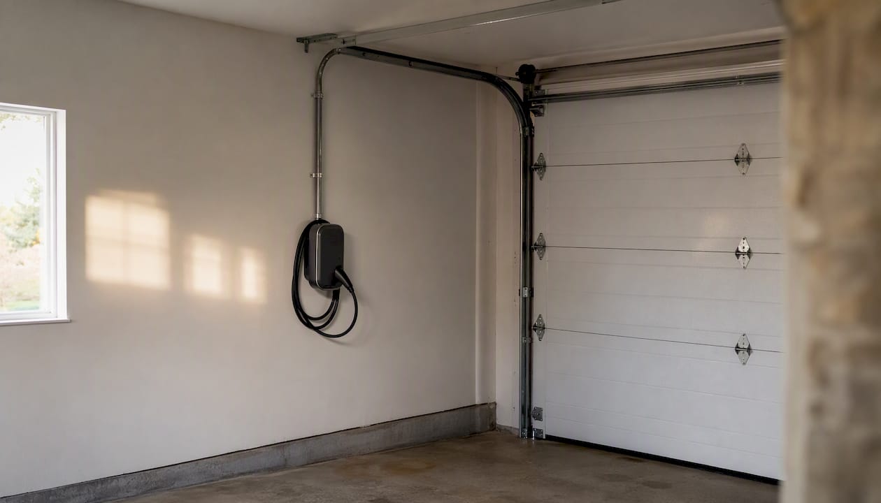 EV charger mounted on garage wall with conduit