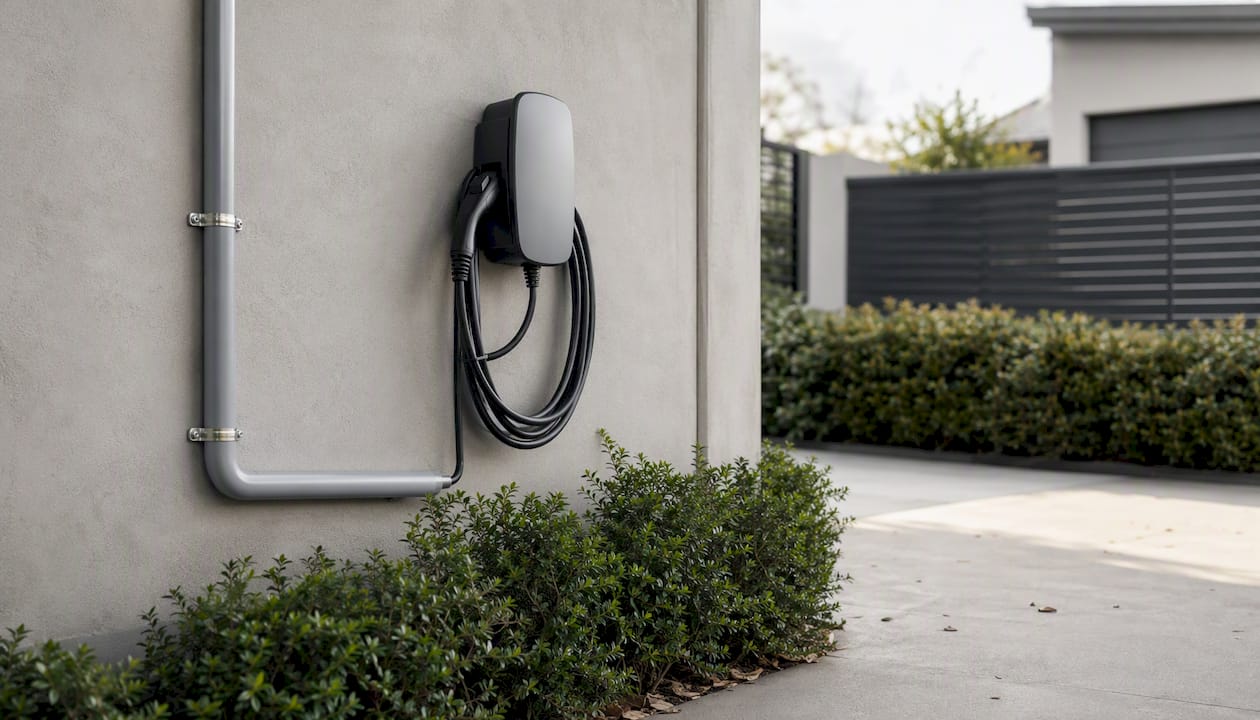 EV charger on external brick wall near driveway