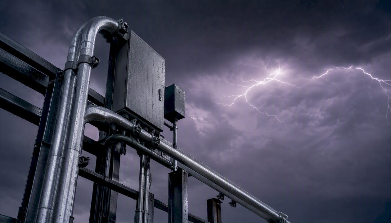 Lightning storm near outdoor EV charger