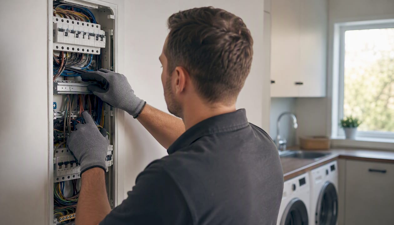 Electrician securing cables inside switchboard