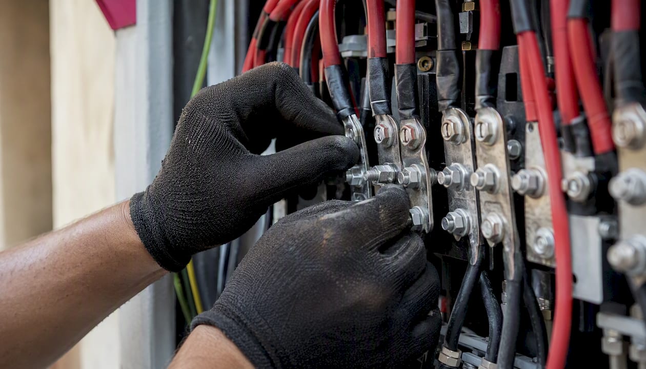 Close-up of secondary wiring and connectors in CT circuit