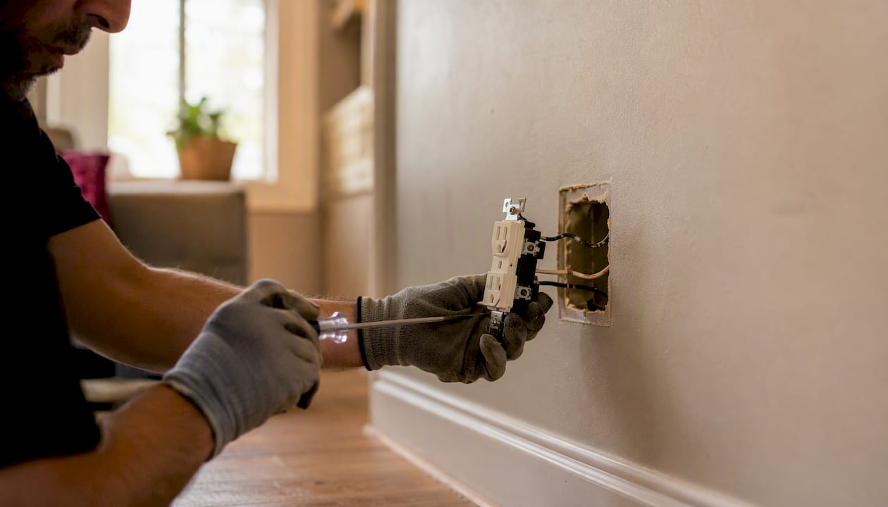 Hands replacing damaged power outlet