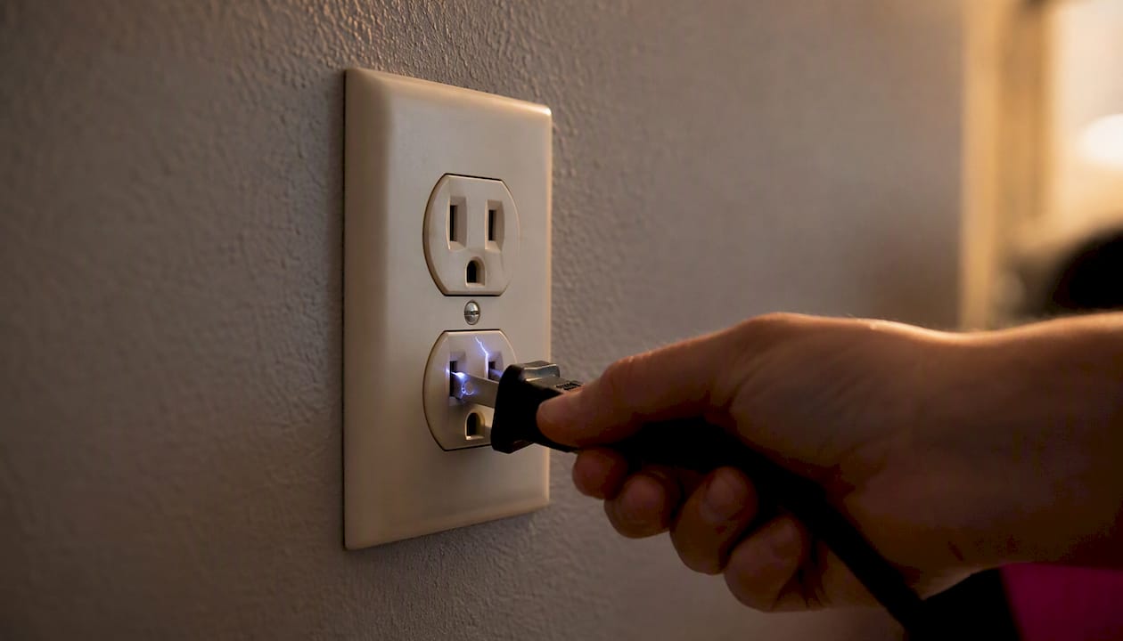Close-up of harmless blue spark inside power outlet
