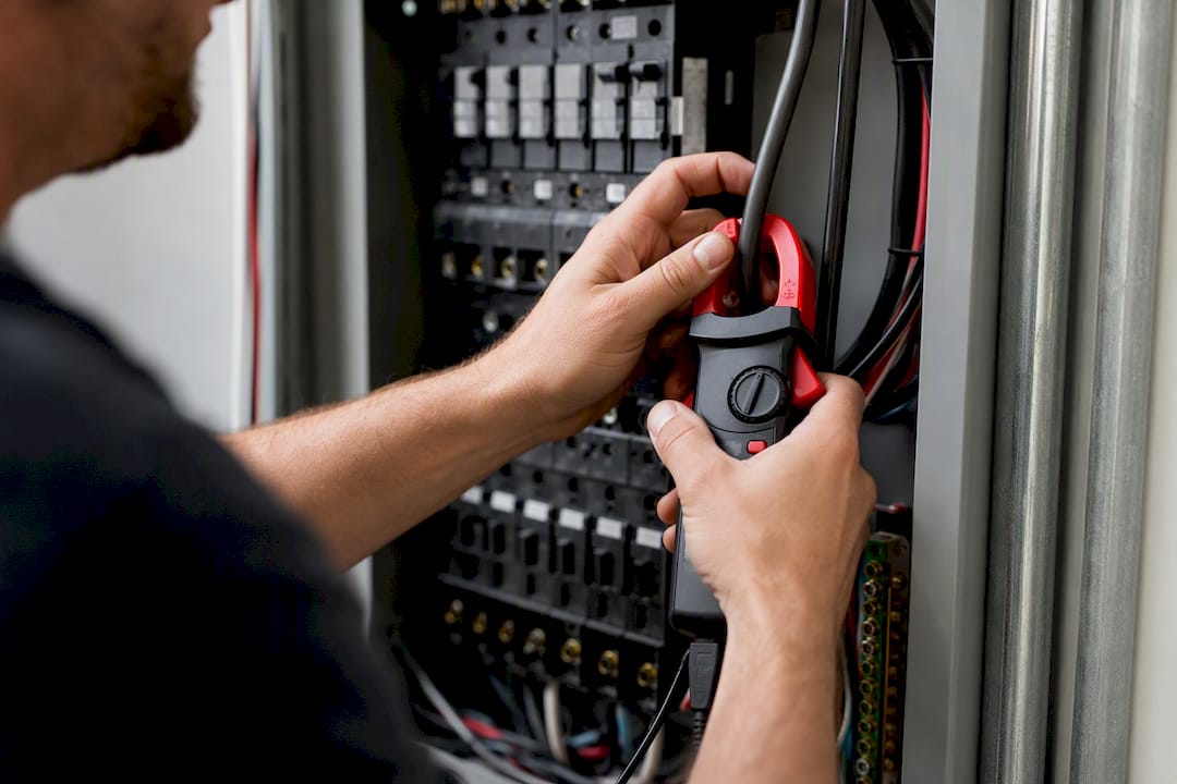 Electrician measuring load on electrical cable