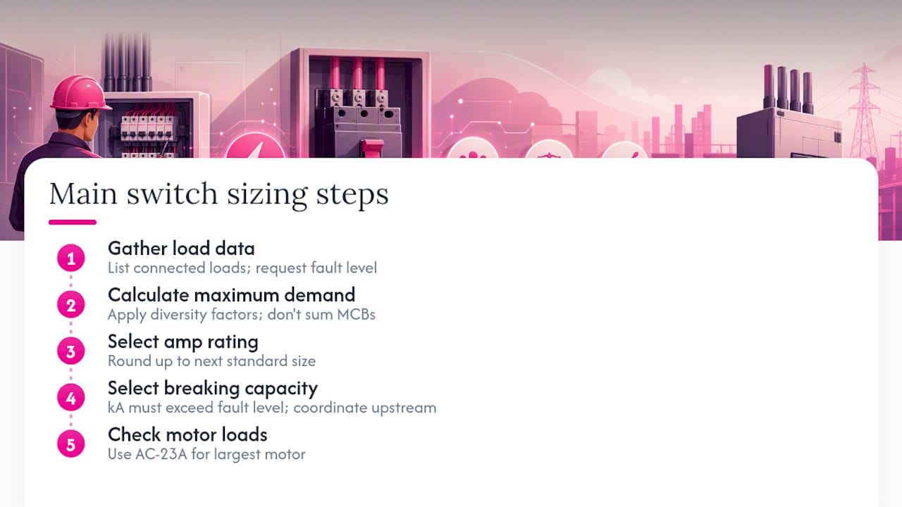 Diagram showing main switch sizing steps