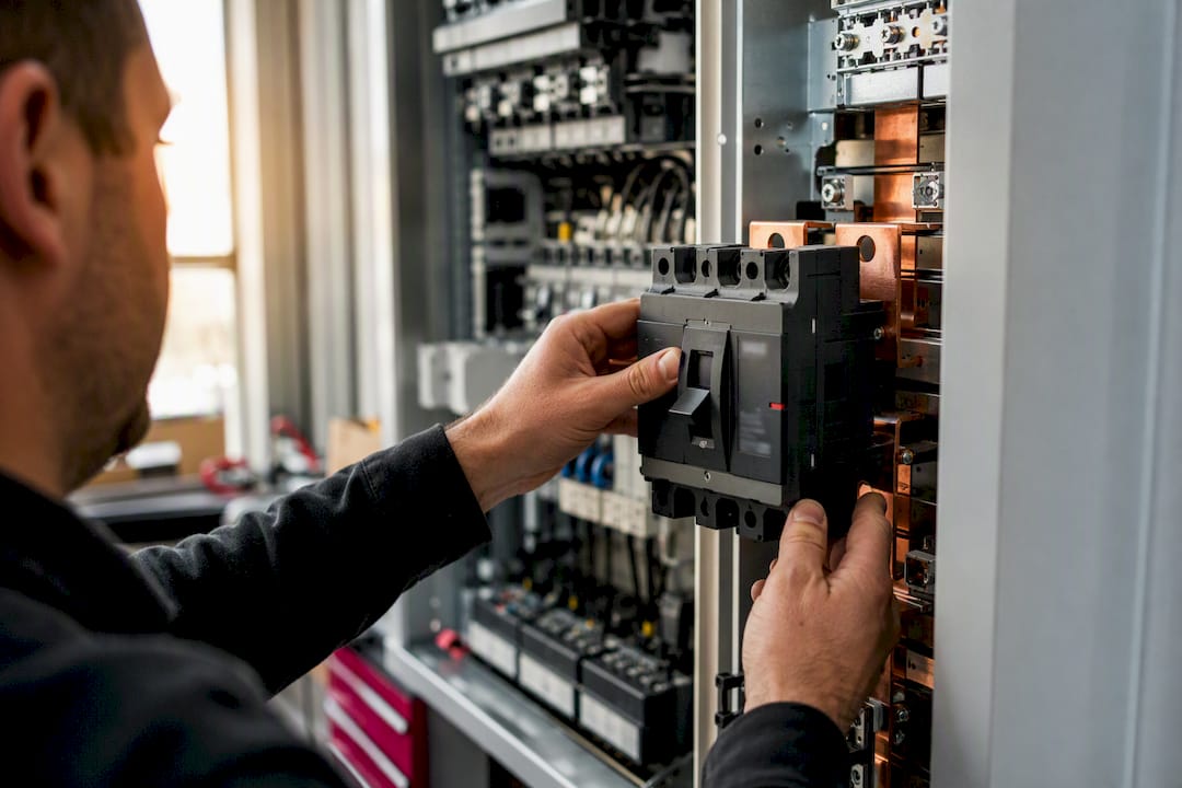 Electrician installing motor-rated main switch