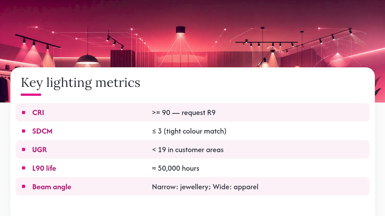 Retail lighting metrics for colour, glare and beam performance