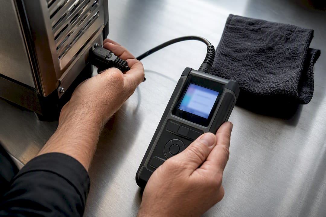Technician testing cafe equipment power lead
