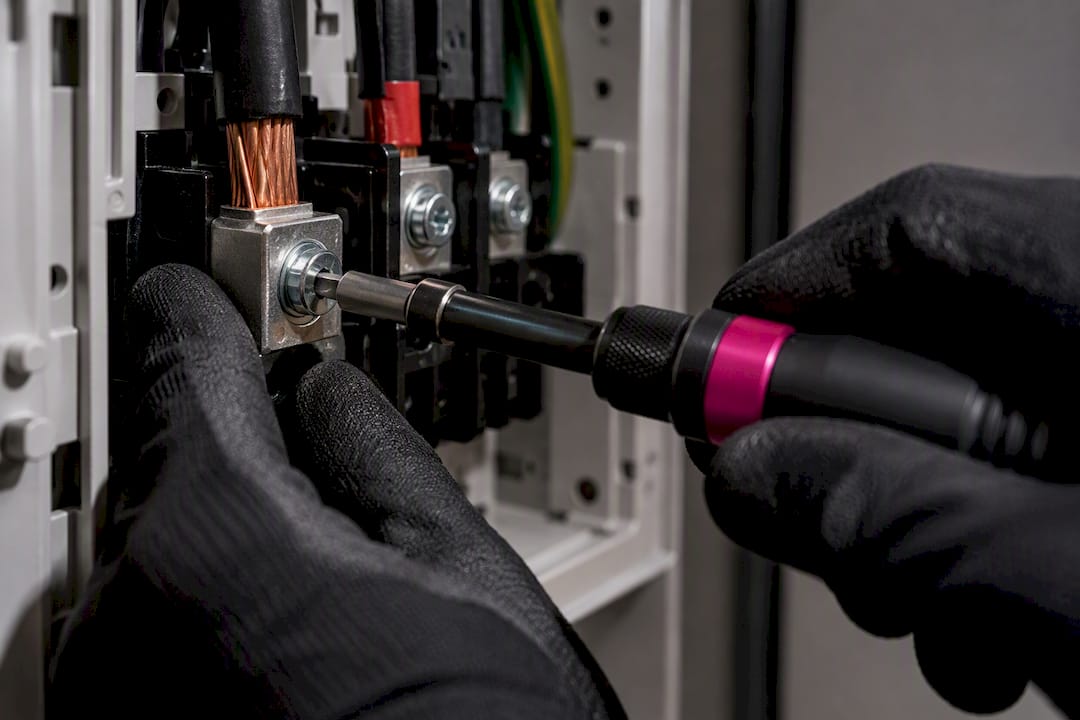 Electrician torqueing an electrical terminal