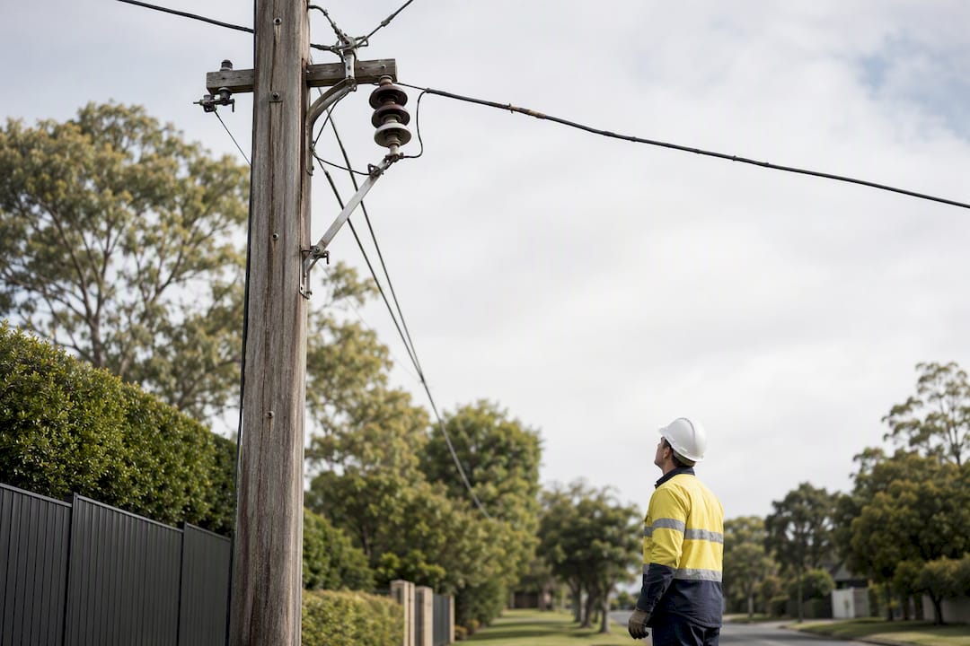 Electrician inspecting damaged overhead insulator