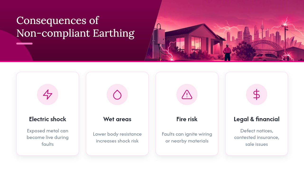 Safety risks and consequences of non-compliant earthing systems — overview diagram