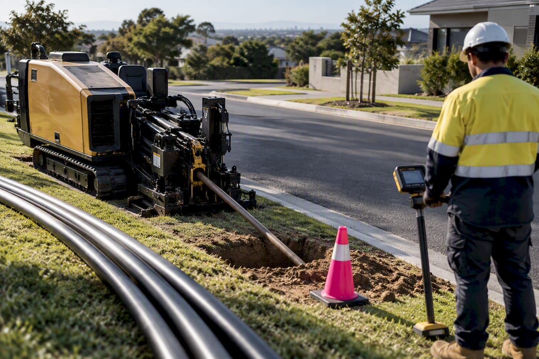 Directional drilling beneath suburban road