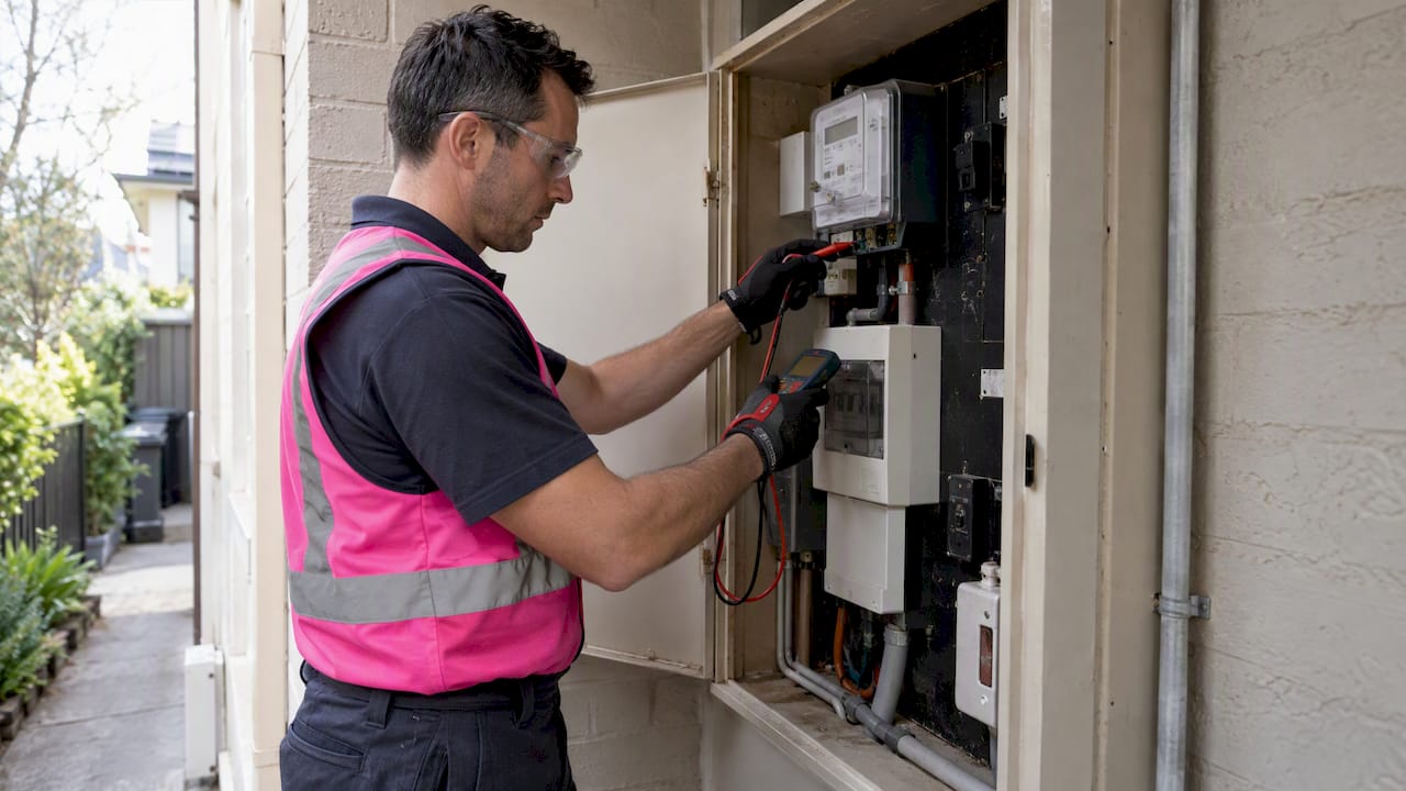 Electrician checking isolation at meter cabinet