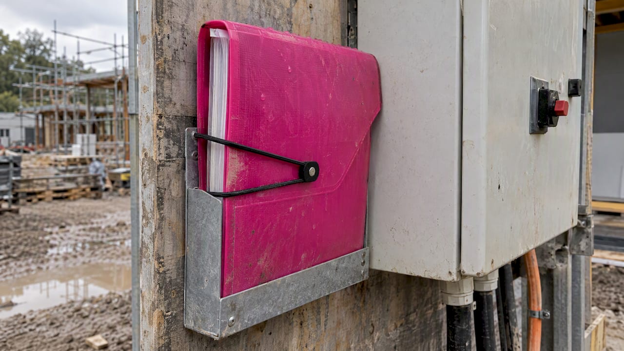 Weatherproof test-log folder beside site switchboard