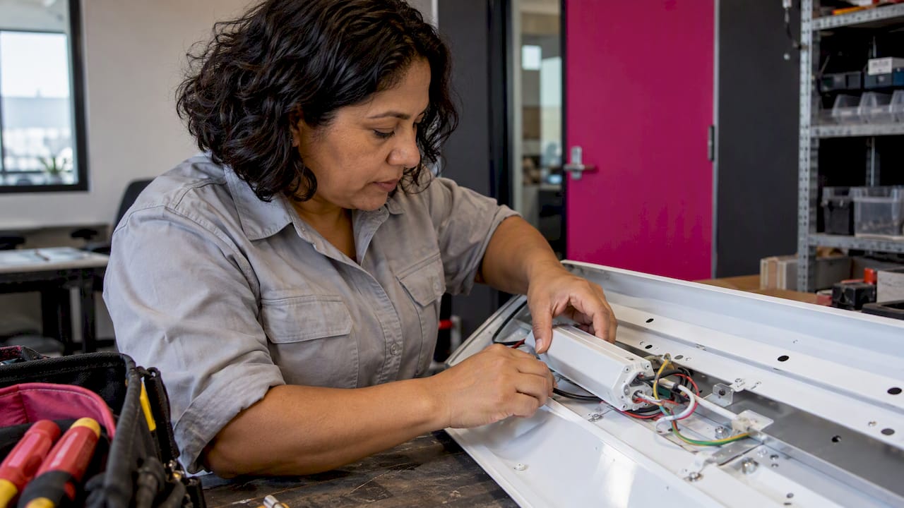 Electrician inspecting a driver inside a light fitting