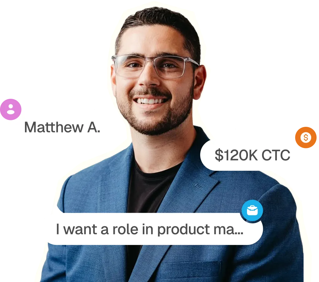 A man in a suit and glasses with a speech bubble.