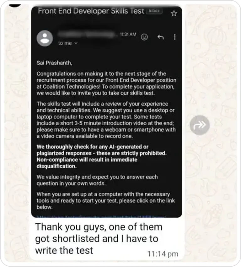 A text message that reads thank you guys, one of them got shortlisted.
