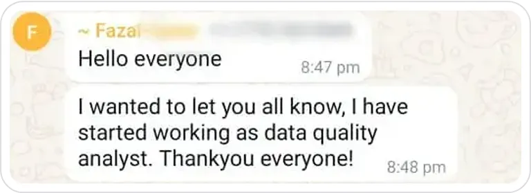 A text message from a person who is on a cell phone.