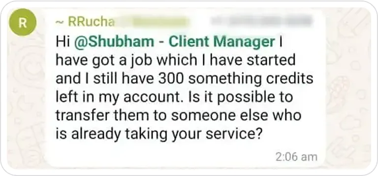 A text message from a customer about a client.