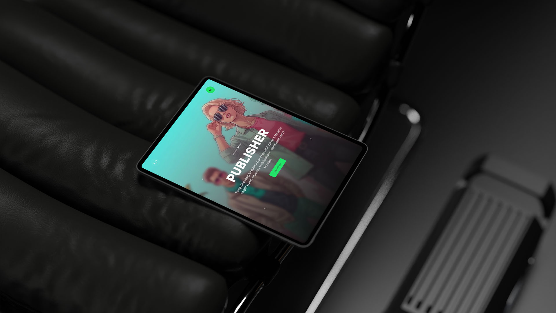 PersoFlow auf Tablet – Publisher-Ansicht, reduziertes UI im Dark Look