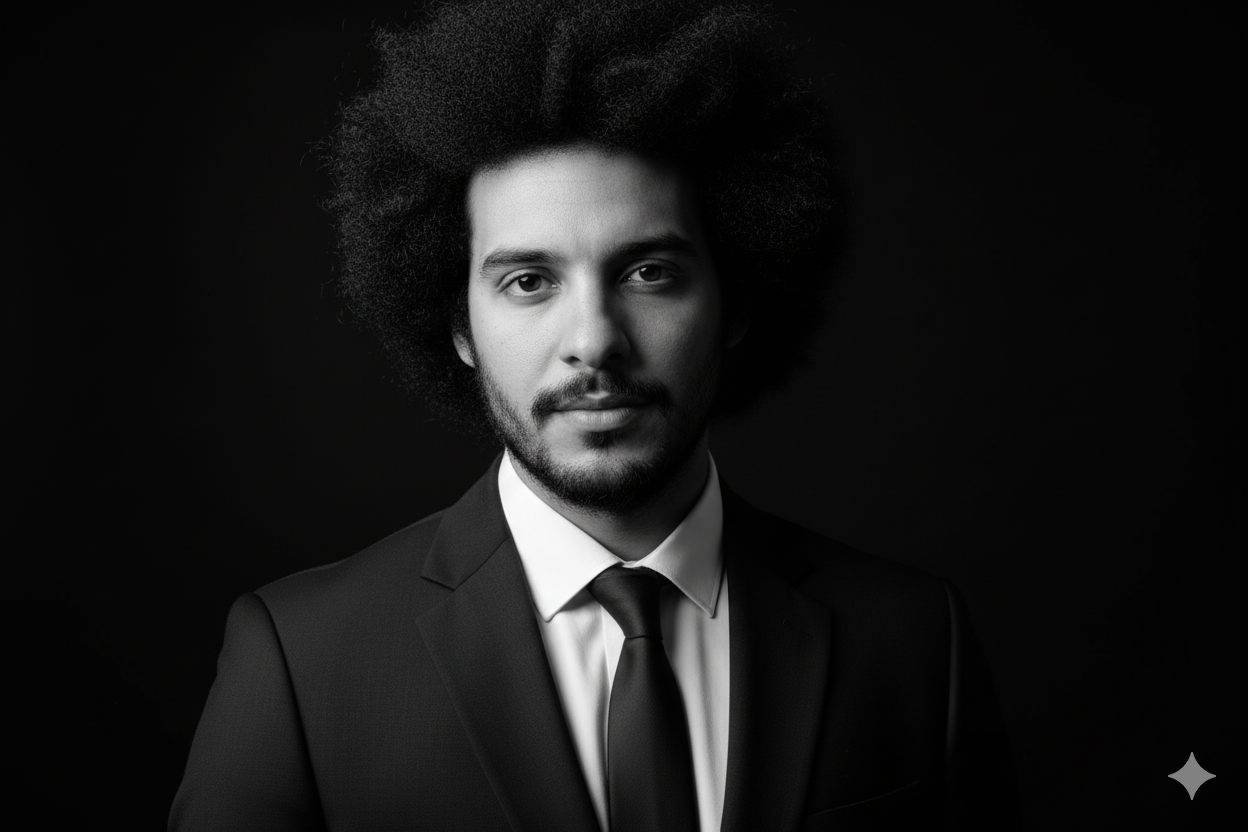 Portrait of a man with afro hair wearing a black suit and tie against a dark background.