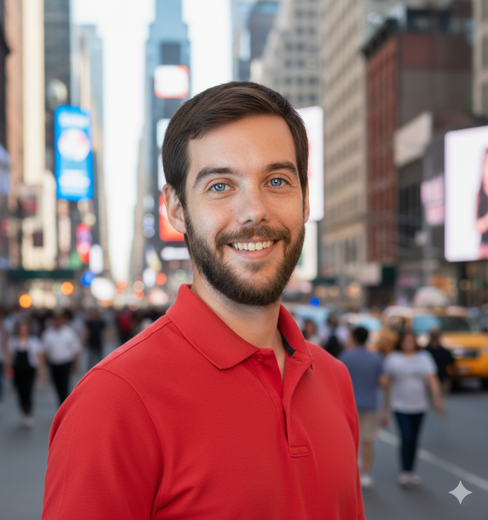 Smiling man with beard and blue eyes wearing a red polo shirt in a busy city street.