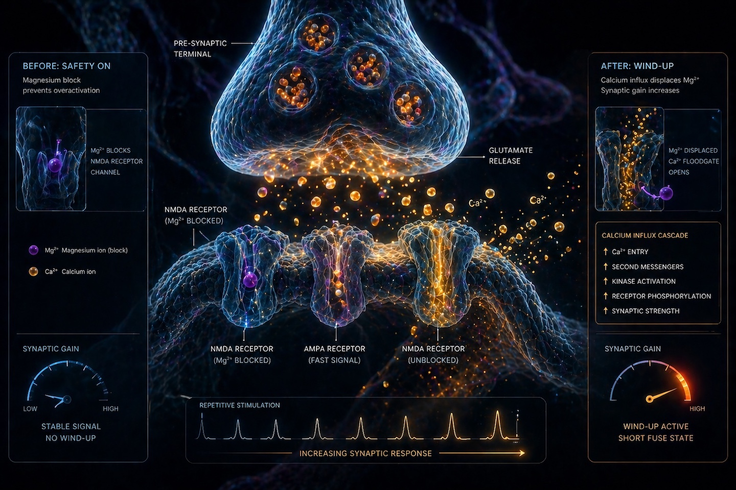 A high-performance 3D render of a neural synapse illustrating synaptic gain and the displacement of the magnesium block during the biophysics of the action potential.