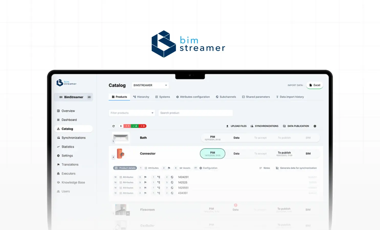 Ekran aplikacji BIMStreamer pokazujący katalog produktów z opcjami filtrowania, synchronizacji i publikacji danych.