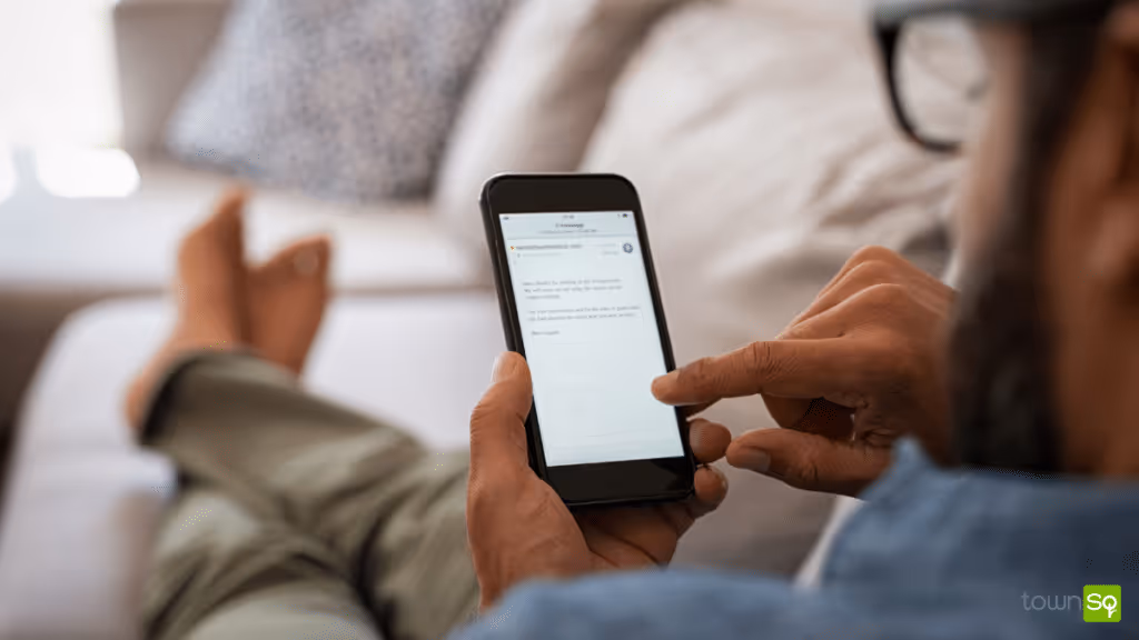 Man sitting on his couch reading an email from his HOA on his cell phone.