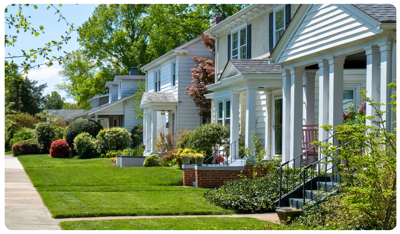 white houses in a neighborhood with green manicured lawns