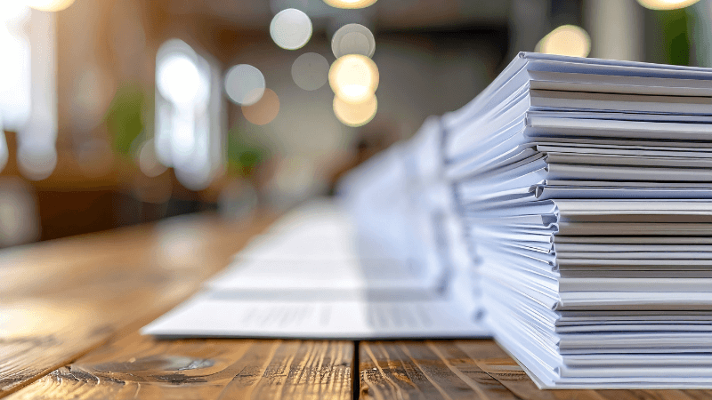pile of documents on wooden table