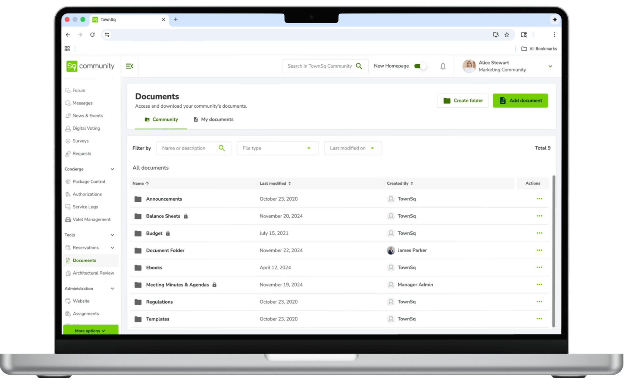 Documents features in TownSq Community