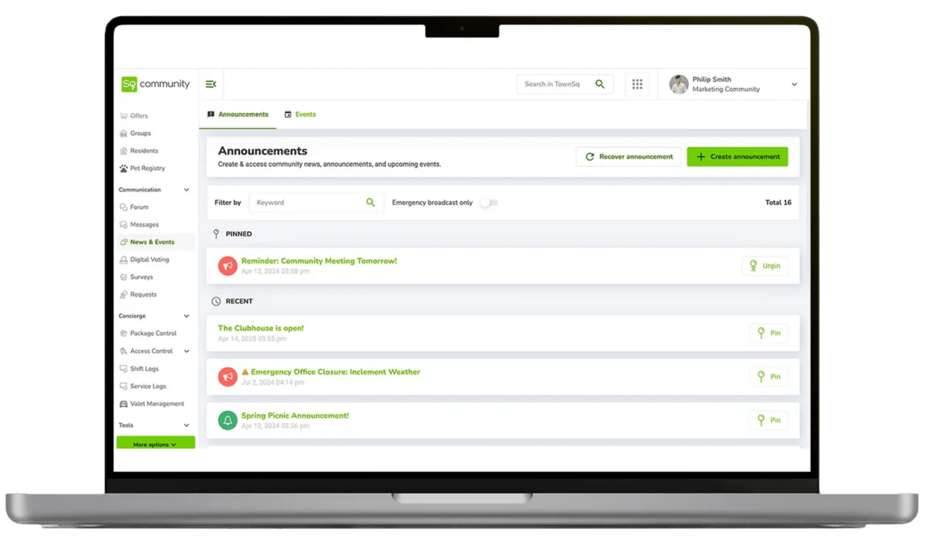 Announcements platform in TownSq
