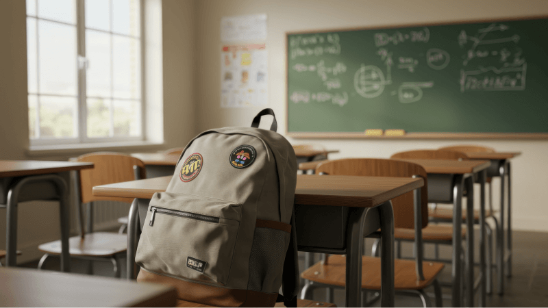 beige backpack in a classroom with a chalkboard