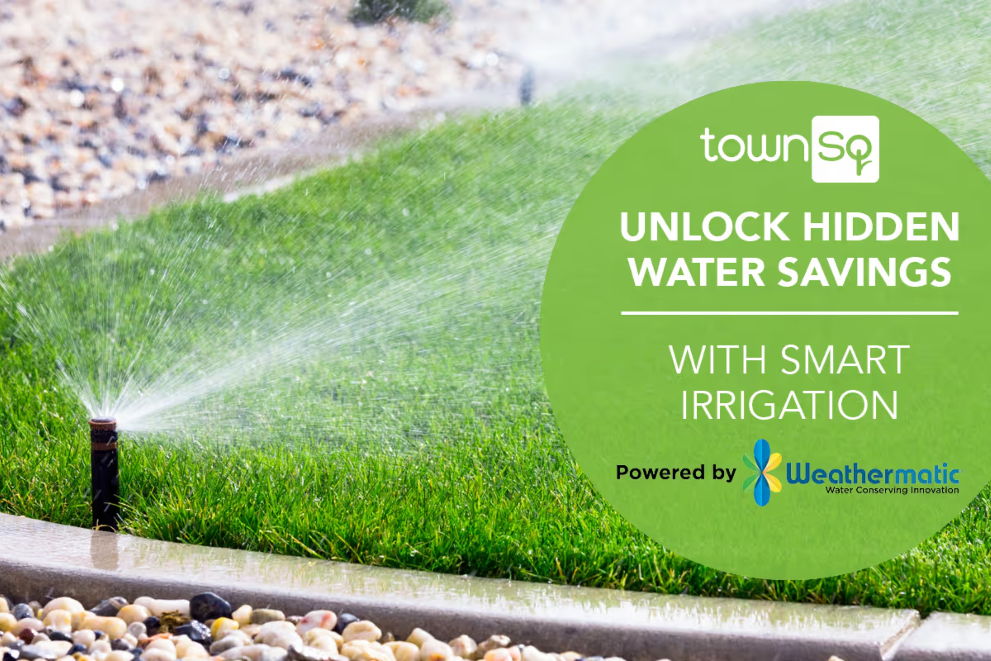A sprinkler runs on the lawn next to a message about how you can save on water as a homeowner.