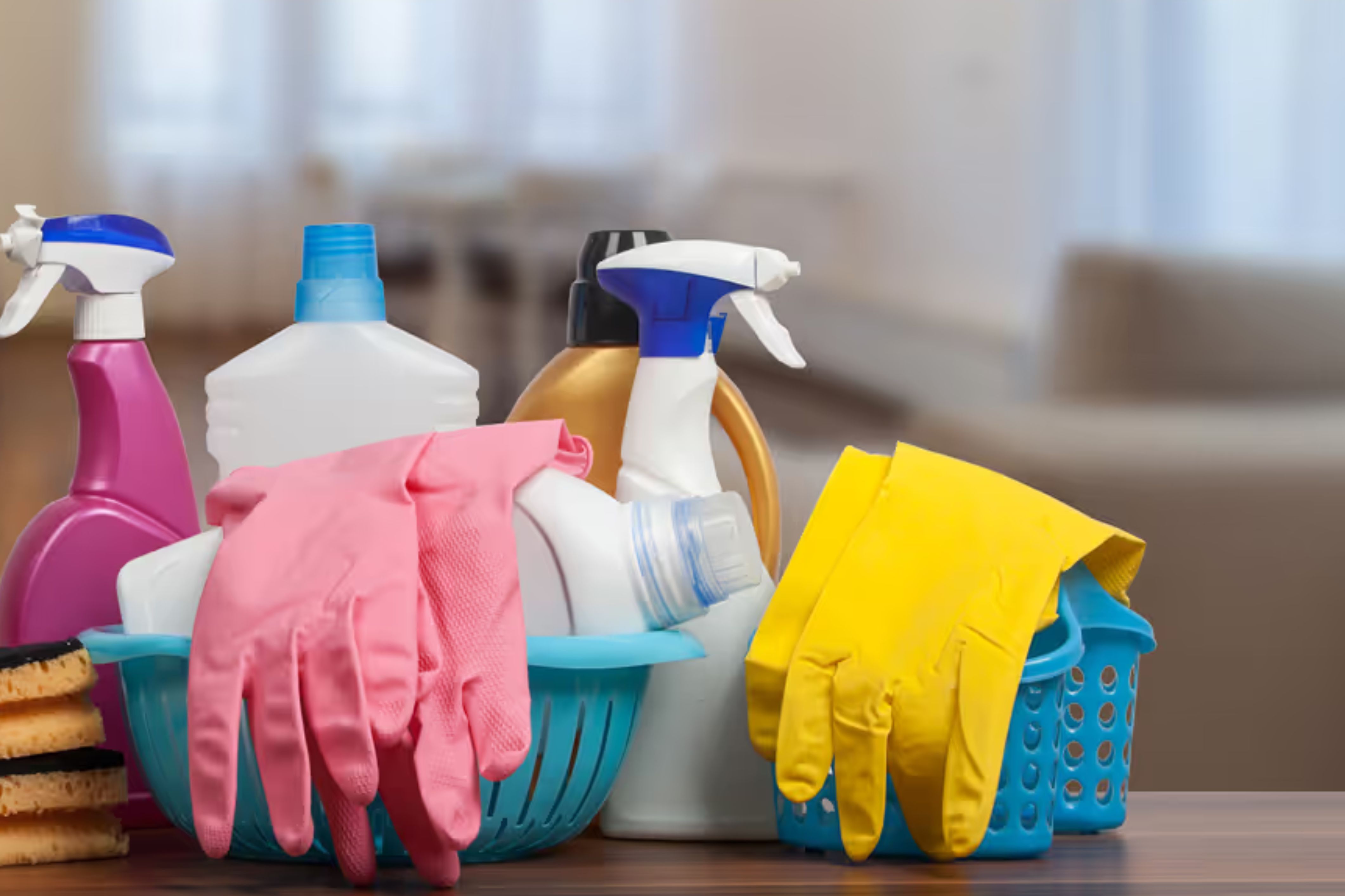 Cleaning supplies that can be utilized for spring cleaning sit on a counter.