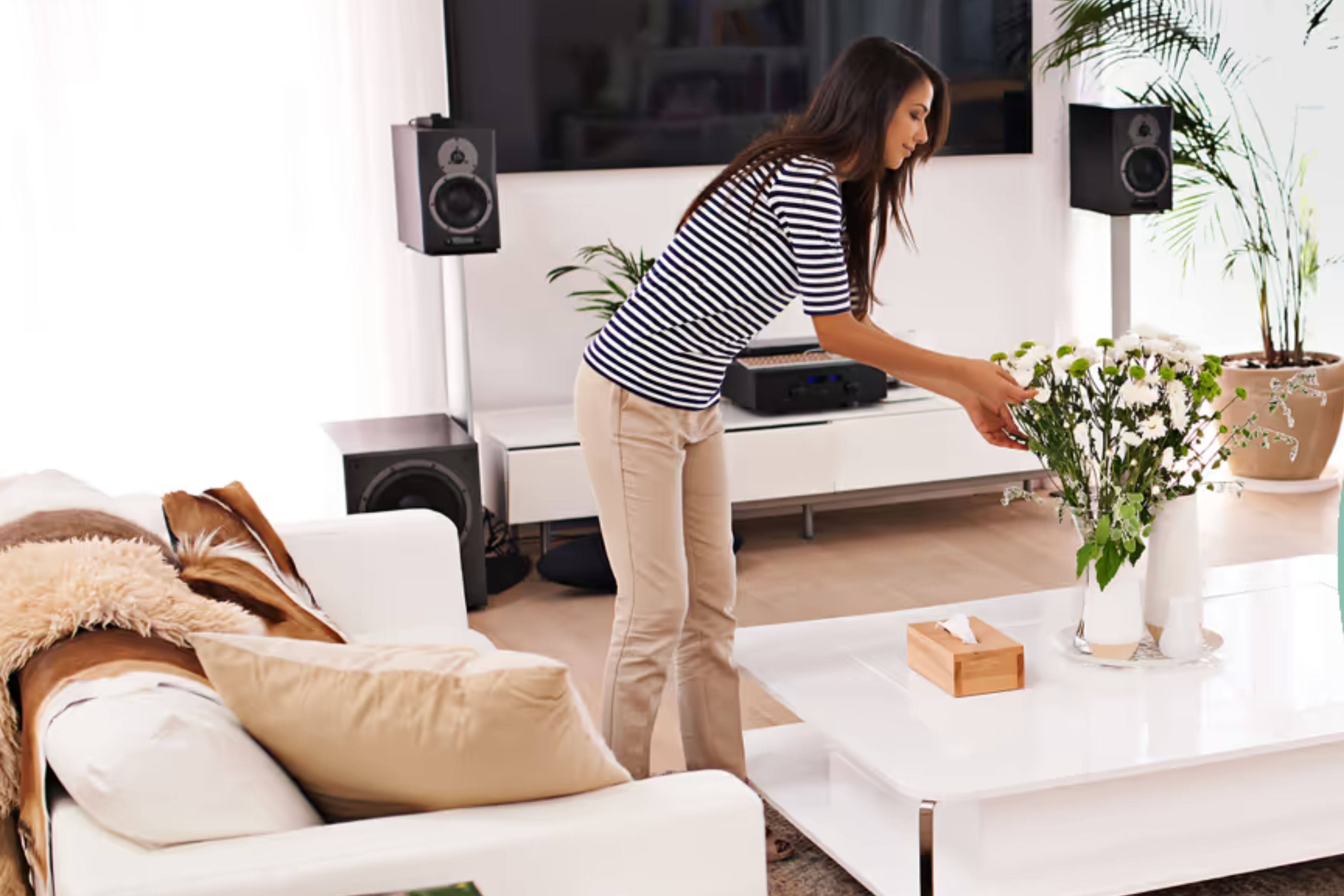 An interior designer arranges plants in a home.