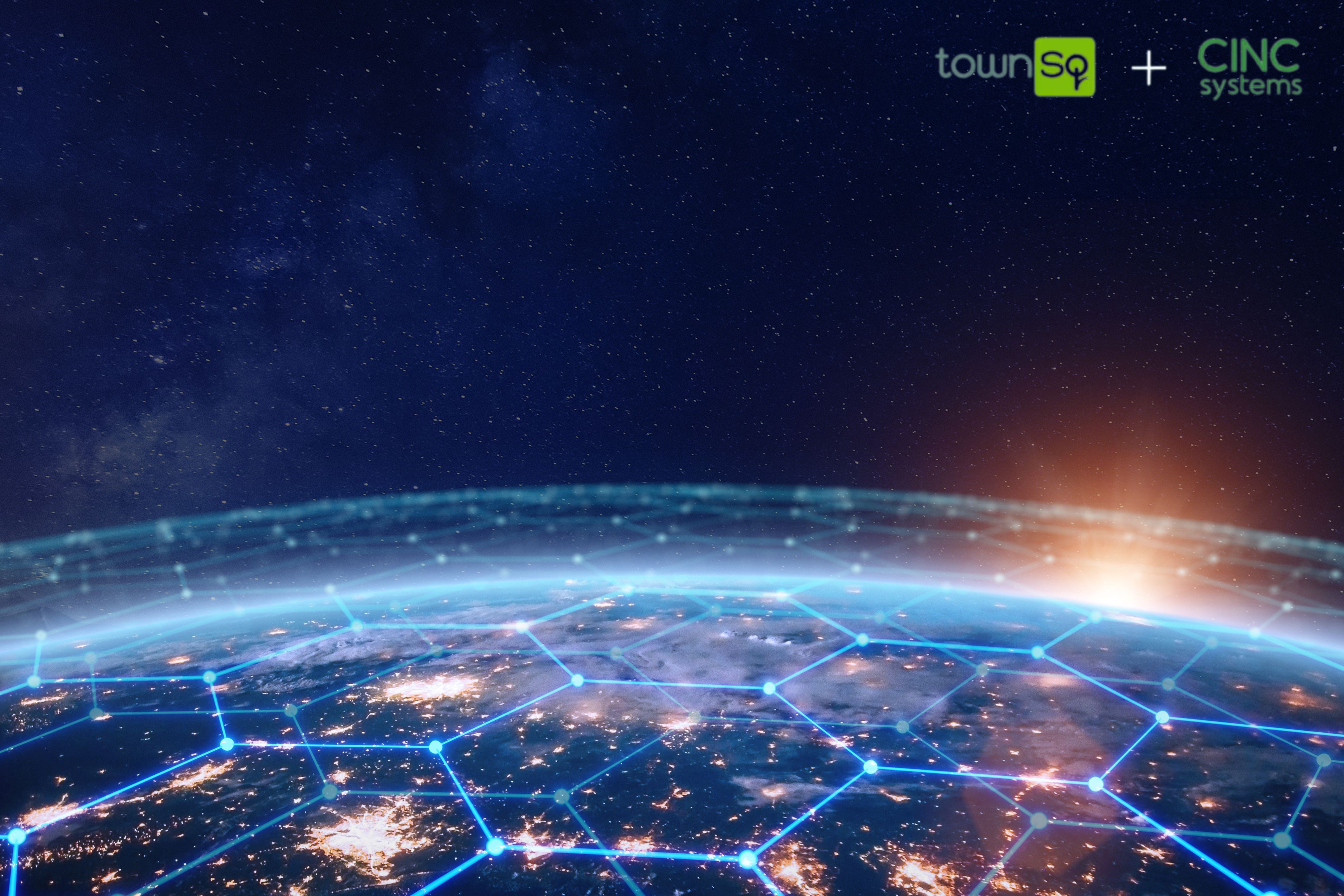 The interconnected globe shows how TownSq has partnered with CINC to provide more integrated HOA management software.