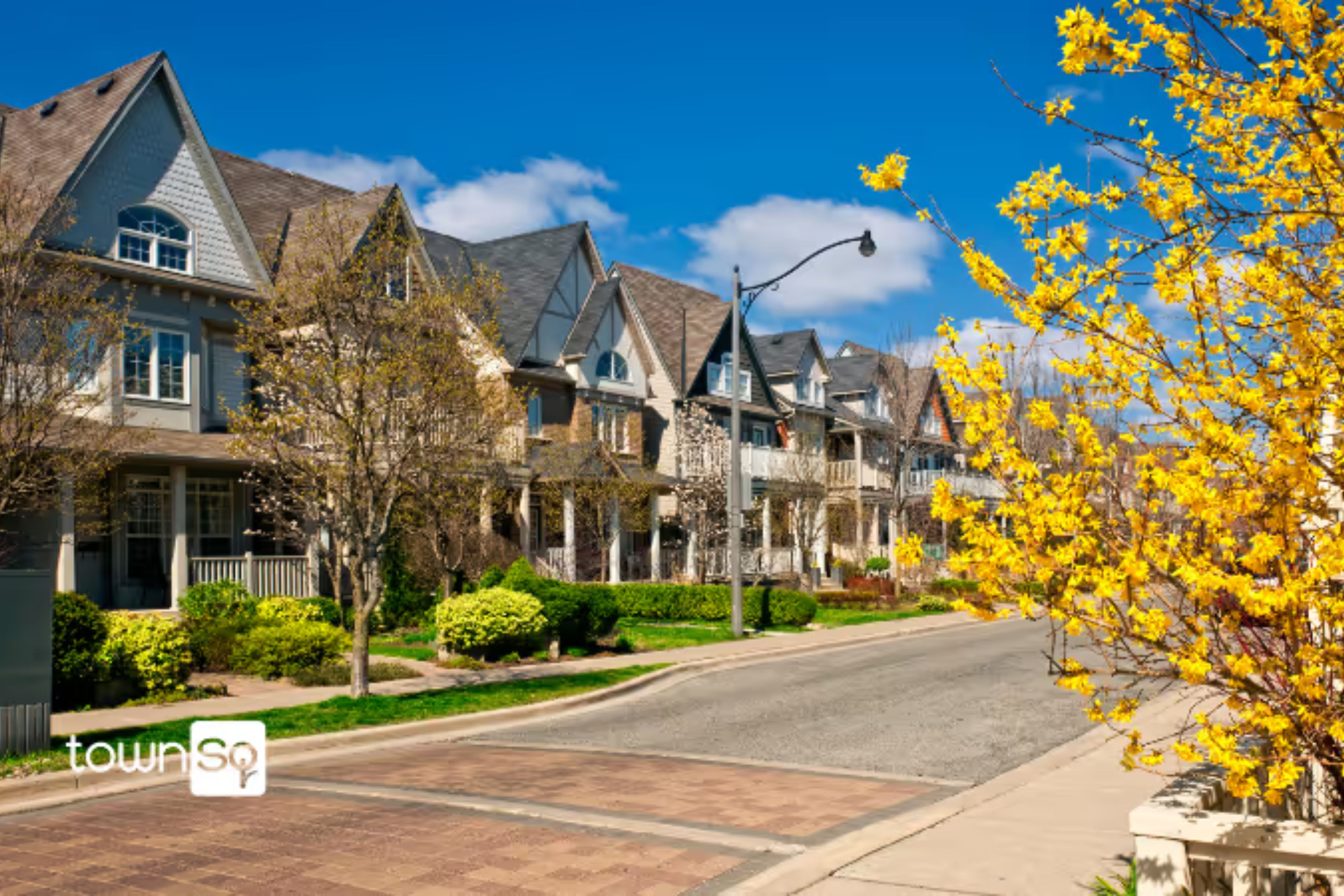 An HOA community neighborhood can be seen on a sunny spring ay.