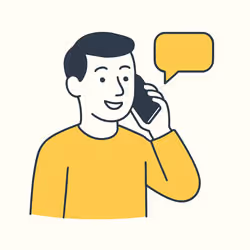 Illustration of a person initiating a conversation via phone with a speech bubble, symbolizing the friendly and approachable start of the web design journey through a simple hello.