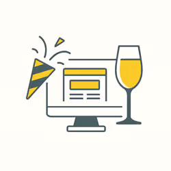 Computer monitor with confetti, champagne glass, and a party popper, celebrating the successful launch of your website and marking the start of your digital presence in style.