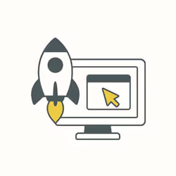 Illustration of a rocket taking off beside a desktop screen, capturing the excitement of launching your site along with personalized training to manage it confidently.